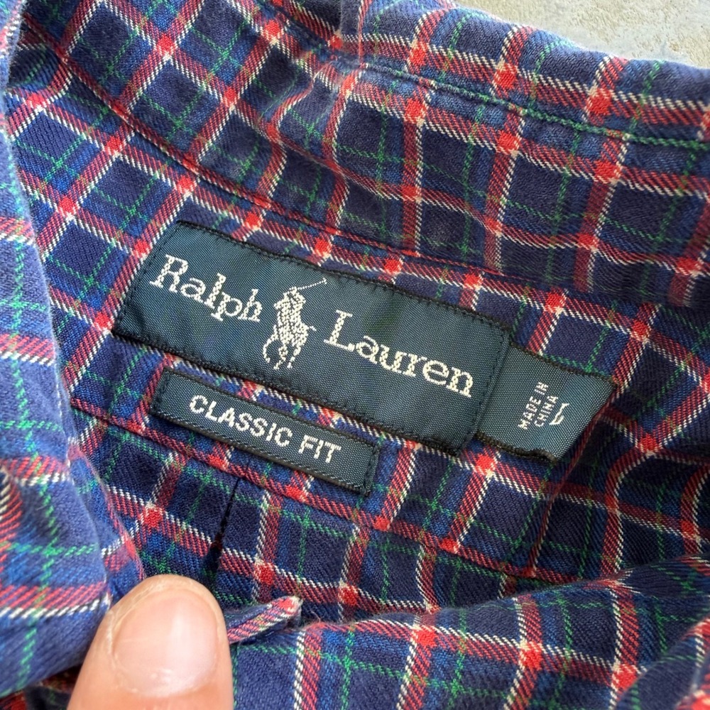 Vintage Ralph Lauren Classic Fit Plaid Button Down Shirt Navy Red Large 90s - Picture 3 of 5